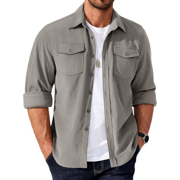 Coofandy Men Light Gray Corduroy Button Down Lightweight Jacket with Flap Pocket - Picture 1 of 5